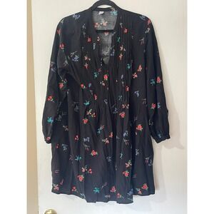 Old Navy Black Floral Print Pintuck V Neck Tunic Dress Women Size L Boho Peasant